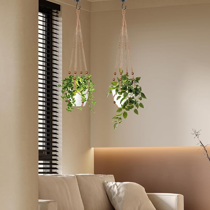 LEWESU Jute Macrame Plant Hanger Indoor Set of 2 Hanging Planter Basket Flower - Image 6
