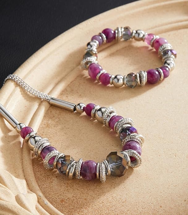 PEARL&CLUB Silver Beaded Statement Necklaces for Women Chunky Bead Necklace Bracelet and Earring Costume Jewelry Sets Gifts for Mom