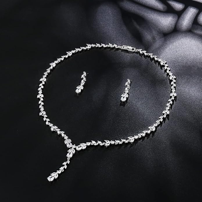 Bridal Wedding Jewelry CZ Set Marquise Teardrop Cubic Zirconia Pendant Necklace and Dangle Earring Bracelet Sets for Women