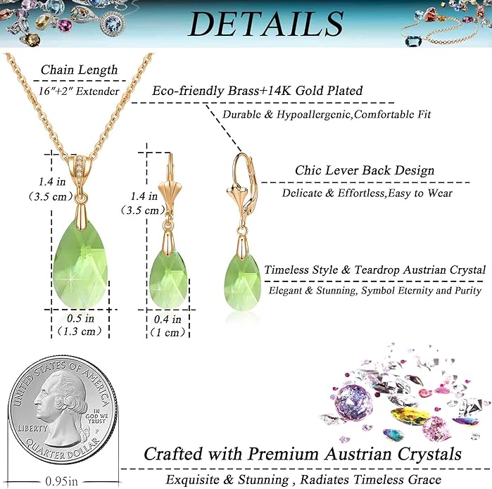 EVEVIC Austrian Crystals Teardrop Pendant Necklace Earrings for Women 14K Gold Plated Hypoallergenic Leverback Drop Dangle Earrings Jewelry Set