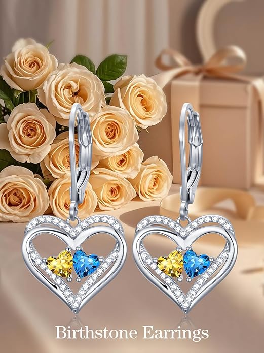 Valentines Day Gifts for Women, Heart Leverback Earrings Double Birthstone Dangle Earrings for Women, Love Jewelry for Her, Anniversary Birthday Gift for Mom Wife Girlfriend