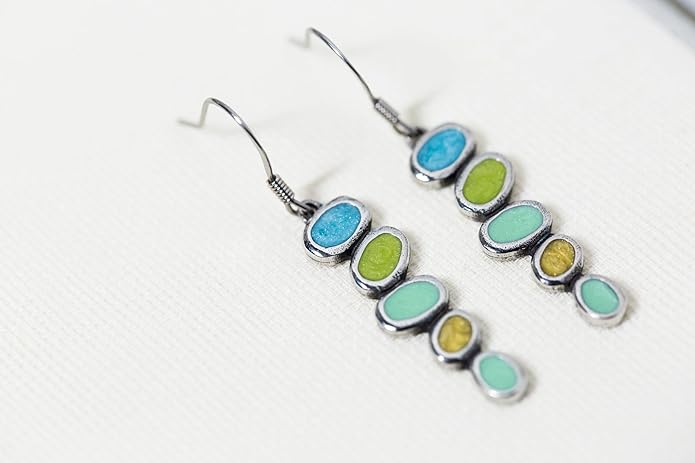 DANFORTH - Tango/Capri Wire Earrings, Lime, Aqua & Tan Artisan Jewelry for Women, 1 and 5/16” High Plus French Surgical Steel Wires, Hypoallergenic, Handcast In USA