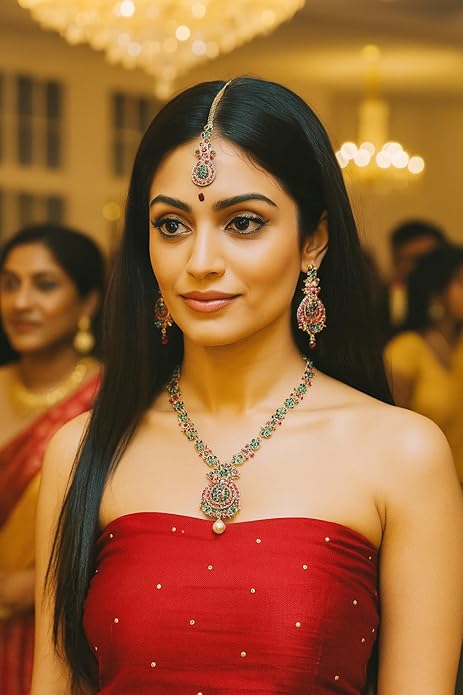 Touchstone Indian jewelry sets for women maang tikka wedding guest gold necklace bollywood jewellery set pageant elegant prom bride accessories western crystal chunky rhinestone necklaces