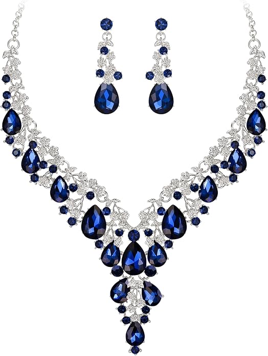 BriLove Women's Wedding Bridal Austrian Crystal Teardrop Flower Cluster Statement Necklace Dangle Earrings Jewelry Set for Party Prom