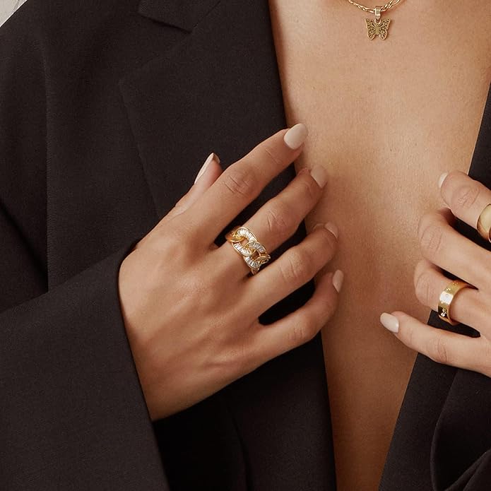 KissYan Gold Rings for Women, 14K Gold Plated Adjustable Statement Irregular Geometric Diamond Twisted Open Stackable Band Chunky Finger Rings Dainty Cubic Zirconia Jewelry Gifts