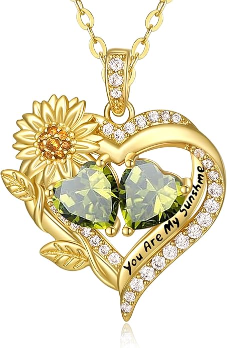 Sunflower Heart Necklace for Women 14K Gold Exquisite Valentines Day Anniversary Birthday Gifts for Wife Mother Her Double Birthstone Pendant Jewelry‘You Are My Sunshine’