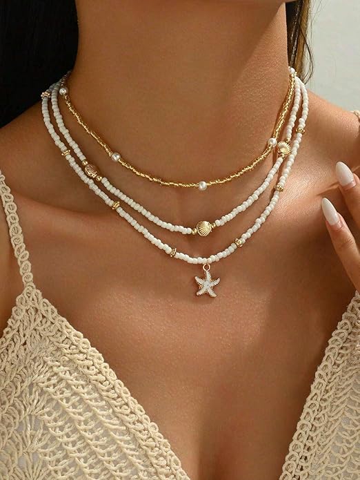 Women's Shell Starfish Boho Layered Beaded Necklace Choker for Summer Beach Vacation Gifts for Birthday/Anniversary/Christmas