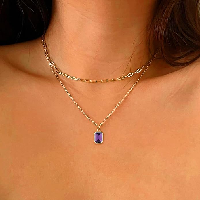 Layered Birthstone Necklace for Women Girls, 14K Gold-Plated Paperclip Chain Choker Necklace with Rectangle Birthstone Pendant Birthday Gifts for Women Girls Dainty Small