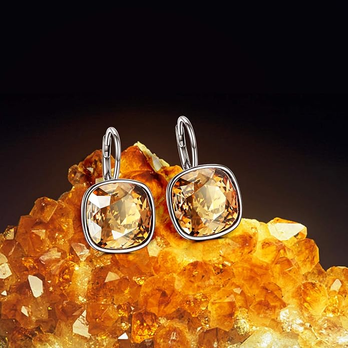 AOBOCO Sterling Silver Leverback Earrings Embellished with Crystals from Austria, Hypoallergenic Cushion Cut Square Crystal Earrings, Fine Anniversary Birthday Jewelry Gifts for Women