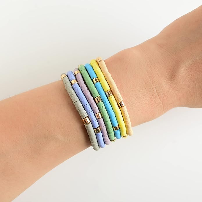 GOOJIDS Surfer Heishi Clay Bead Bracelets for Women Bohemian Stackable Gold Plated Beaded Stretch Bracelets Elastic Layering Friendship Bracelets Set Boho Jewelry