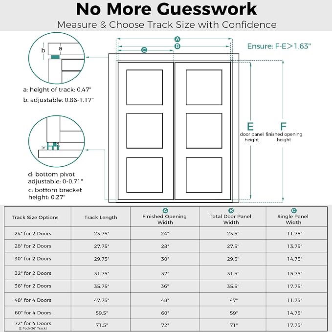 Closet Bifold Door Hardware & 60 Inch Track, 5 ft Bi Folding Door Rail Kit | - Image 5
