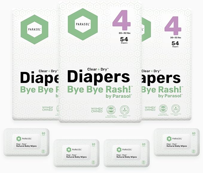 Parasol Clear+Dry Disposable Diapers and Clear+Pure Wipes Kit, RashShield Protection, Size 4 (20-32 lbs), Diaper Bundle of 162 Diapers & 240 Wipes