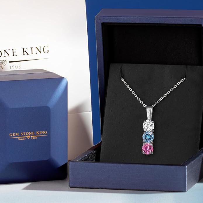 Gem Stone King Customized and Personalized Diamond and 3 Gemstone Birthstone Mother Necklaces In 925 Sterling Silver | 3-Stone Pendant Necklace For Women | Round 5MM | With 18 Inch Silver Chain