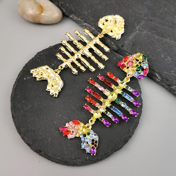 Gold Colorful Acrylic Rhinestone Fishbone Earrings Exaggerated Fish Animal Long Pendant Earrings Metal Studs Jewelry for Women Gift