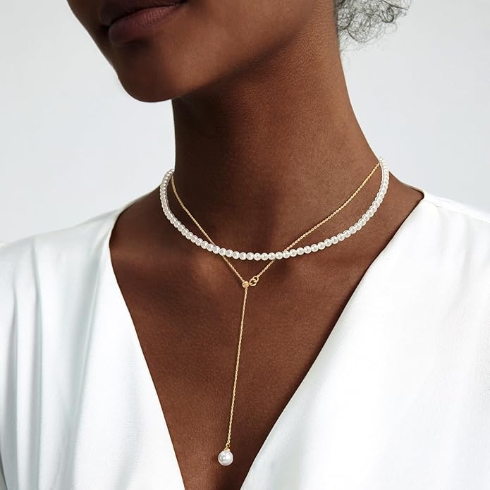 Zeffy Gold Pearl Necklace for Women, Dainty 14K Gold/Silve Plated Layered Pearl Choker Pearl Earrings Pearl Bracelets Wedding Trendy Gold Jewelry Set for Women Gifts