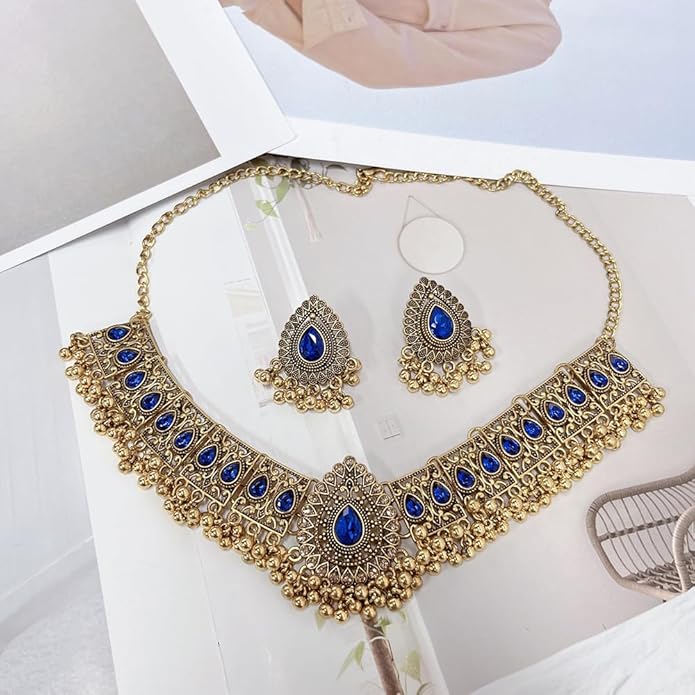 Indian Wedding Bridal Traditional Bohemian Jewellery Set for Women Girls Antique Oxidized Ethnic Party Prom Wear Statement Necklace Earring Tassel Bollywood Choker Punk Crystal Fashion Gift for Bride