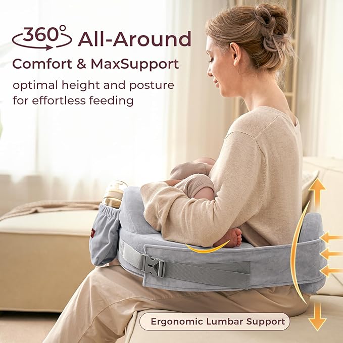 Momcozy CozyPro Nursing Pillow - All Around Lumbar & Arm Support - Safety Fence, Firm & Springy Memory Foam-Stable, Ergonomic Support, Easier Breastfeeding, Wider Cushion, Adjustable, Removable Cover