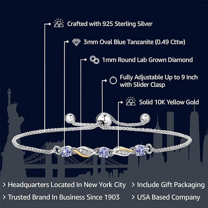 Gem Stone King 3-Stone Adjustable Bracelet for Women | 925 Silver and 10K Yellow Gold | Gemstone Birthstone and Lab Grown Diamond | Round 3MM | Two-Tone Adjustable Tennis Bracelet Up to 9 Inch