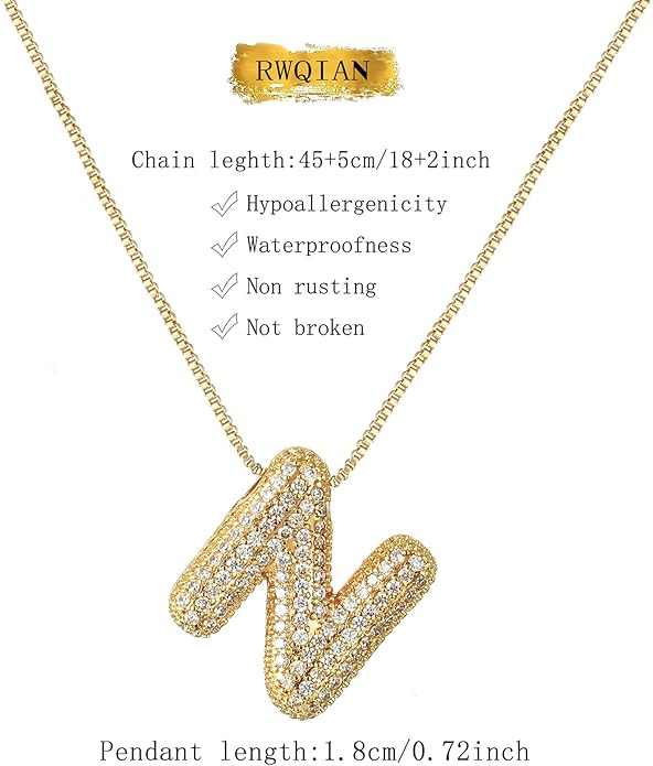 RWQIAN Letter Necklace for Women Bubble, Chunky Initial Alphabet A-Z Pendant Puffy Name Personalized Necklace Dainty Zircon CZ Fashion Jewelry Gifts for Girls Girlfriend
