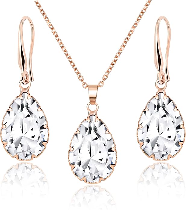 Linawe Crystal Jewelry Sets for Women, Imitation Diamond Pendant Necklace, Rhinestone Drop Dangle Earrings, Birthstone Cubic Zirconia Matching Wedding Jewelry, 14K Gold/Rose Gold/Silver Tones