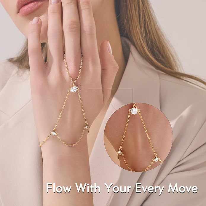 YOIHUR Champagne Gold Plated Hand Chains for Women, Adjustable Hand Chain Bracelet and Ring, Gold Hand Chain Bracelets Stack Jewellery Stars and Cubic Zirconia Hand Jewelry for Valentine's Day