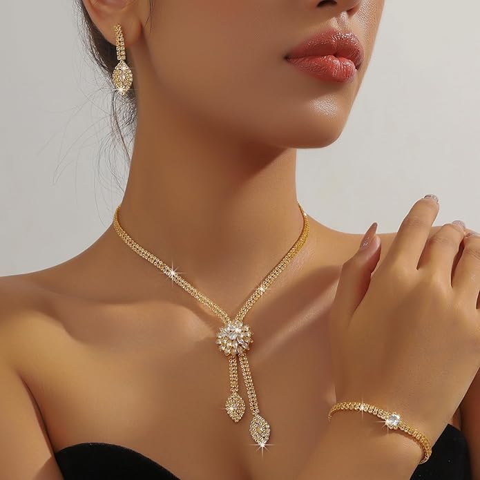 Rhinestone Earrings Necklace Bracelet Set for Women,Vintage Flower Crystal Earrings Necklaces Sparkly Bridal Necklace Bracelet Set Wedding Party Jewelry