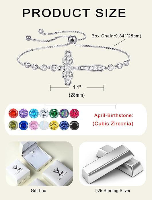 YL Cross Bracelet 925 Sterling Silver Infinity Sideways Link Bracelet Birthstone Jewelry for Women