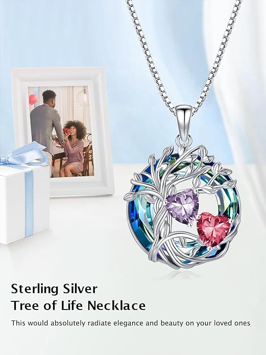 TOUPOP s925 Sterling Silver Family Celtic Tree of Life Pendant Necklaces with 2 Heart Birthstone with Blue Austrian Crystal Jewelry Birthday Valentines Day Gifts for Her, Anniversary Christmas Gifts for Wife Girlfriend Mom (18K Real White Gold Filled)