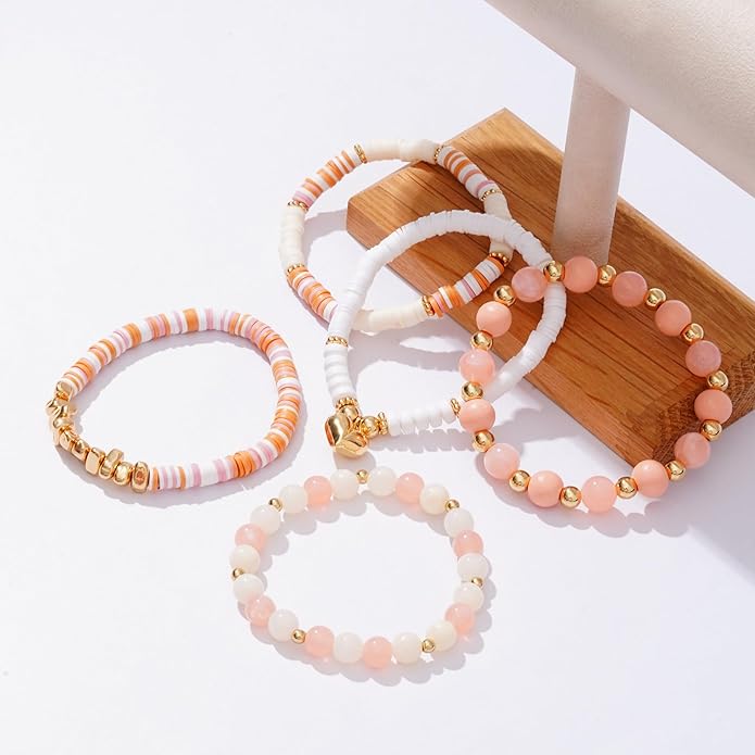 Heishi Beaded Stretch Bracelets for Women Stackable Polymer Clay Beads Bracelets Friendship Boho Summer Beach Bracelet Jewelry Set