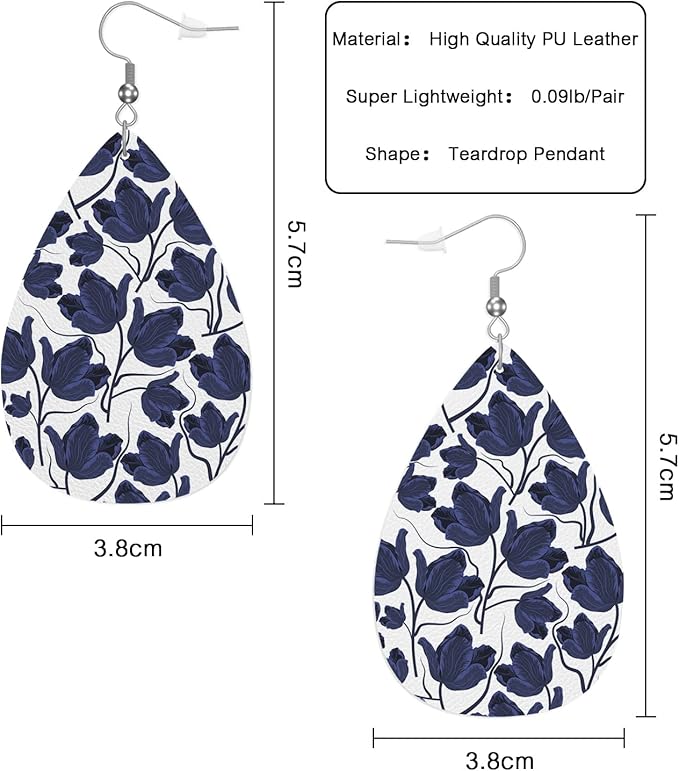 Tulips Teardrop Earrings For Women Friends Dark Blue Poppies Nature Floral Plants Dangle Earrings Water Drop Earrings Leather Earrings