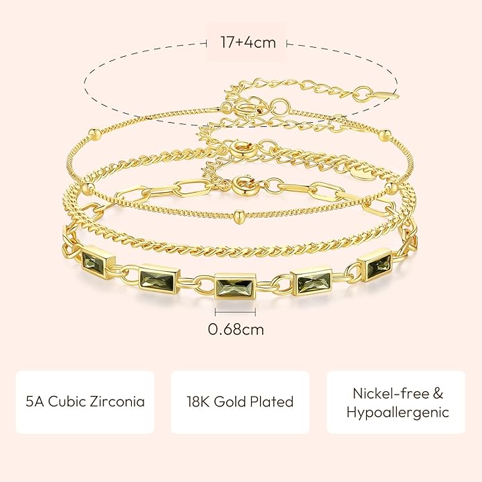 Gold Birthstone Bracelet for Women, 18K Gold Plated Layered Jewelry Bracelet Set, Womens Dainty Stackable Bracelets Link Paperclip Chain Valentines Day Gift for Wife Her