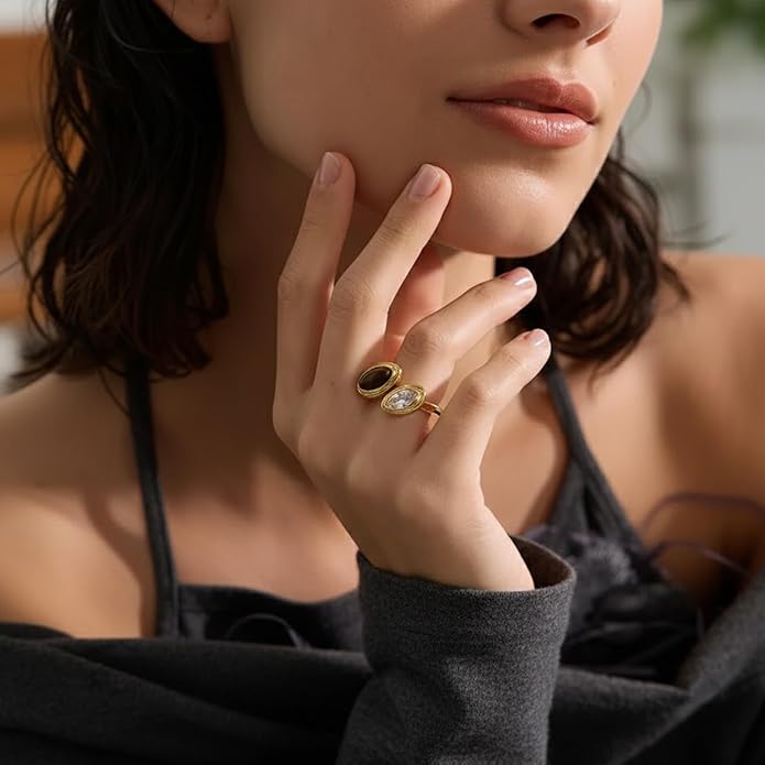 Mchic Adjustable Chunky Rings for Women: Dainty Natural Gemstone Ring Stainless Steel 18K Gold/Silver Plated Band Rings Non Tarnish Waterproof Statement Fashion Jewelry Gift for Women