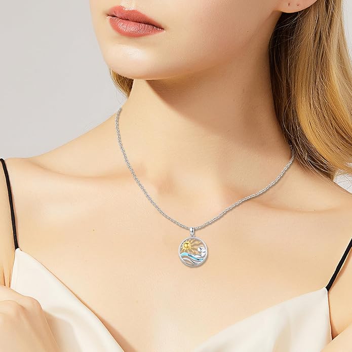 Midir&Etain Ocean Necklace 925 Sterling Silver Blue Opal Necklace Starfish/Flip Flop/Shark Pendant Beach Ocean Jewelry for Women