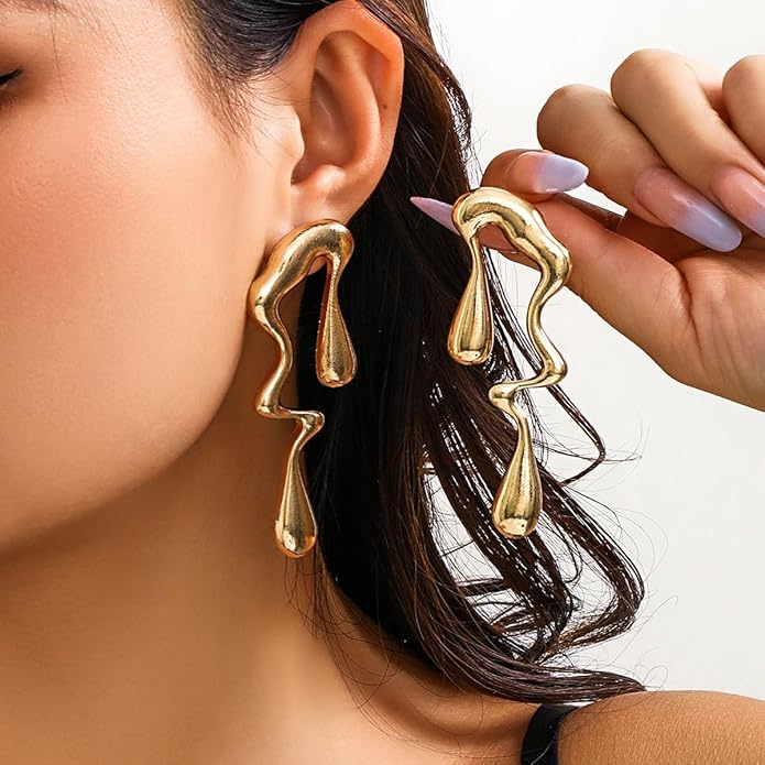 Bold Molten Gold Drop Earrings for Women Oversized Abstract Liquid Metal Drip Design Statement Punk Fashion Jewelry Accessory for Party Night Out Gift