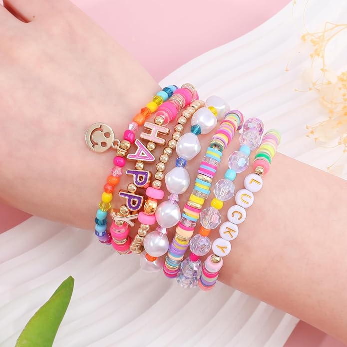 Bohemian Colorful Beaded Bracelets for Women Boho Stackable Natural Stone Letter Clay Glass Beads Stretch Bracelet Set with Charm, Cute Rainbow Friendship Bracelets for Summer Vacation
