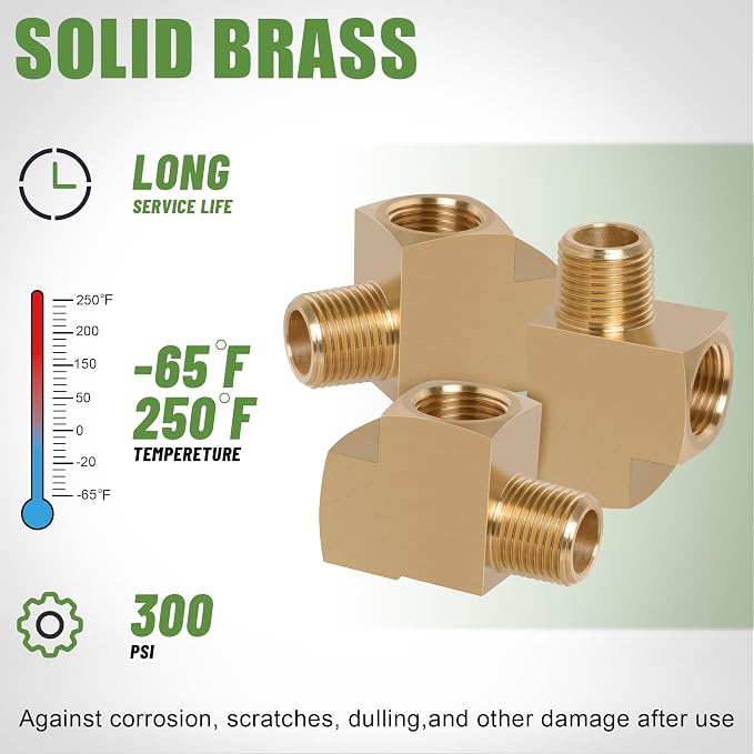 2PCS Brass Pipe Fittings Barstock Street Tee, 3/8" x 3/8" x 3/8" | 3/8" NPT - Image 3