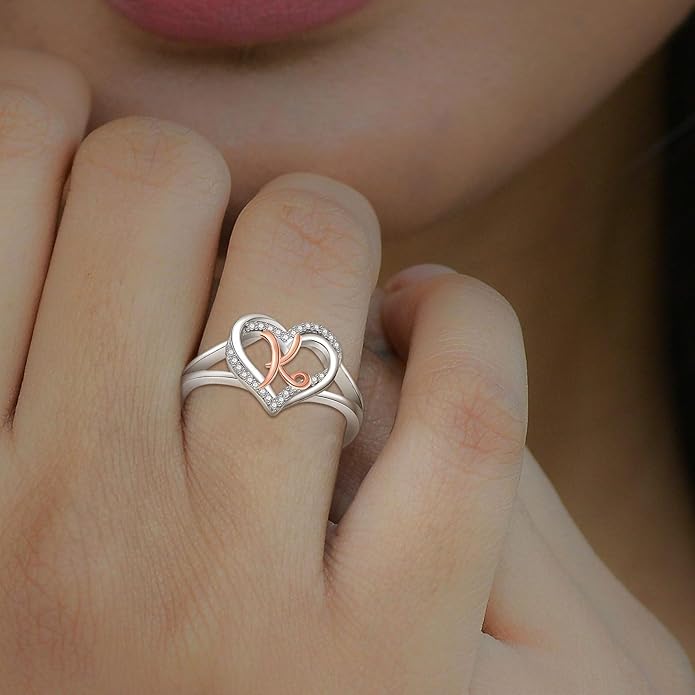INFUSEU 925 Sterling Silver Initial Heart Ring for Women Girls, Adjustable Size