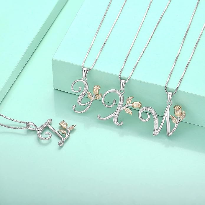STARCHENIE Initial Necklace for Women Sterling Silver Letters 26 Alphabet Pendant Rose Flower Jewelry Gifts for Family Sisters Friend