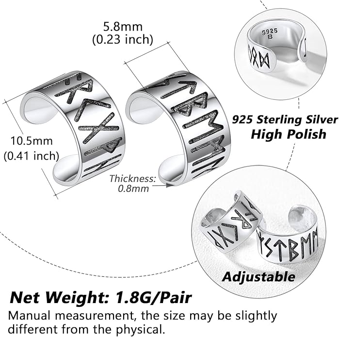 Silvora Ear Cuff 925 Sterling Silver Viking Runes Earrings for Men Women Viking Jewelry with Gift Box
