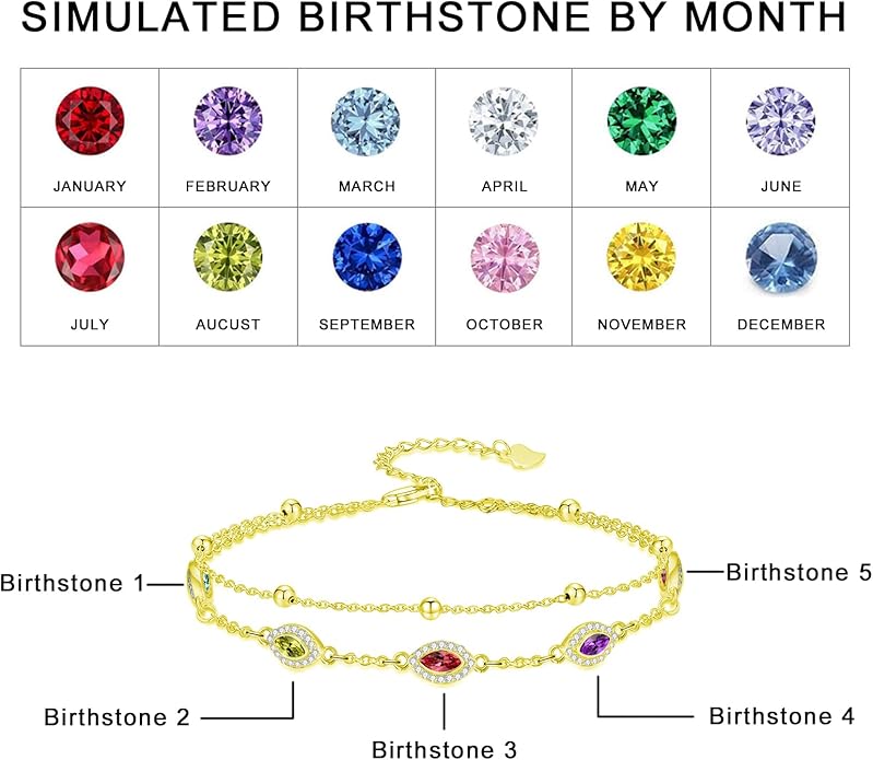 Evil Eye Birthstone Charm Link Bracelet 925 Sterling Silver Evil Eye Bracelet with 12 Months Birthstone Birthday Jewelry Gifts for Women Mom Her,Chain Length 7"+2" Extend