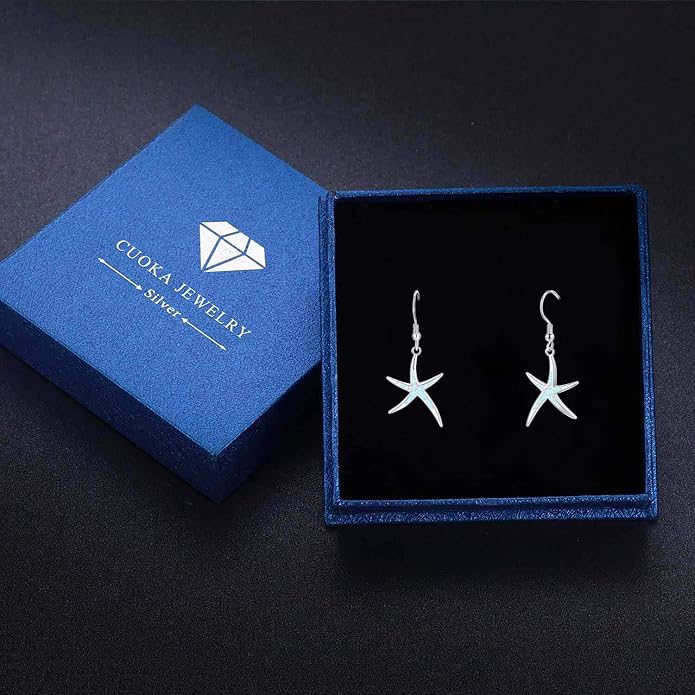 925 Sterling Silver Starfish Earrings With Opal Fish Hoops, Nautical Hawaiian Sea Beach Jewelry for Women and Starfish Lovers