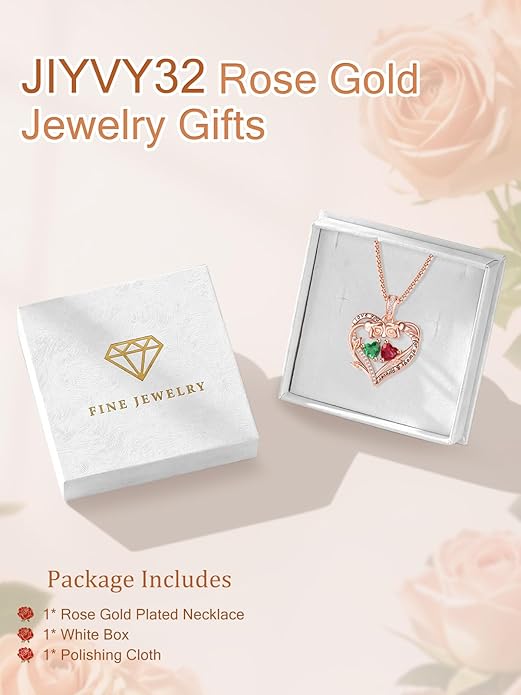 Rose Heart Necklaces for Women, Rose Gold Forever Love Jewelry with 2 Birthstones Pendant,Valentines Anniversarry Birthday Gifts for Her Wife Mom Grandma Daughter, 18+2 Inch Chain