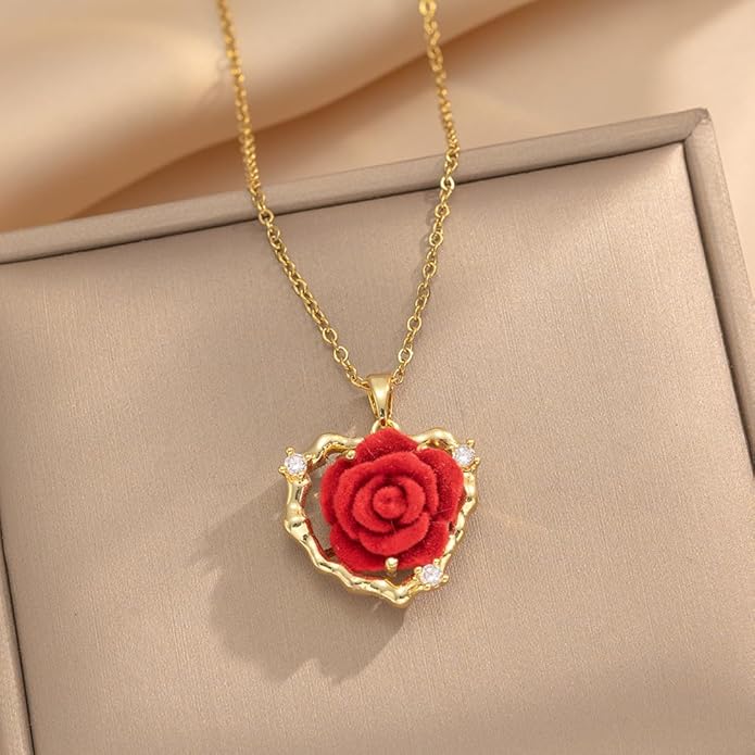 ONLYJUMP Rose Alloy Necklace for Women Heart Pendant Copper Zircon Light Luxury Fashion Jewelry Dainty Romantic Statement Necklace for Daily Wear Ideal Valentine's Day Anniversary Birthday Gift