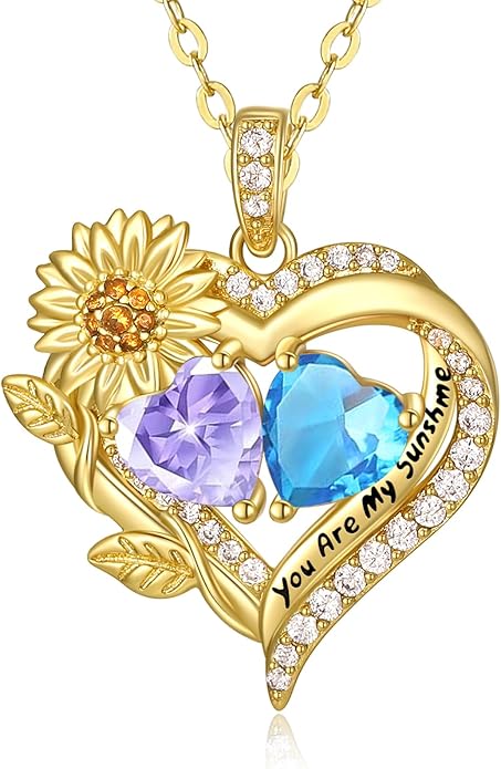 Sunflower Heart Necklace for Women 14K Gold Exquisite Valentines Day Anniversary Birthday Gifts for Wife Mother Her Double Birthstone Pendant Jewelry‘You Are My Sunshine’