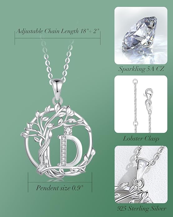 FANCIME Tree of life Initial necklaces for women, Sterling Silver Tree Jewelry Simulated Diamond Letter Pendant Cubic Zirconia CZ Personalized Birthday Mothers Day Gifts for Mom Wife Her