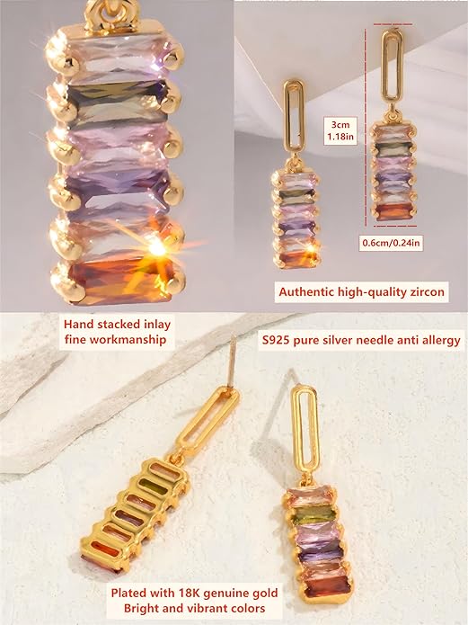 Colorful Zircon Dangle Earrings for Women18K Gold Plated Geometric Square Rainbow Sparkling Crystal S925 Sterling Silver Posts Hypoallergenic Dainty Multicolour Gemstone Drop Earrings