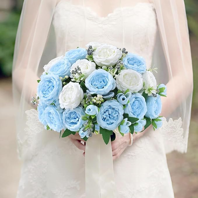 4 Packs Peonies Artificial Flowers Mixed White Blue Silk Artificial Peonies | - Image 5