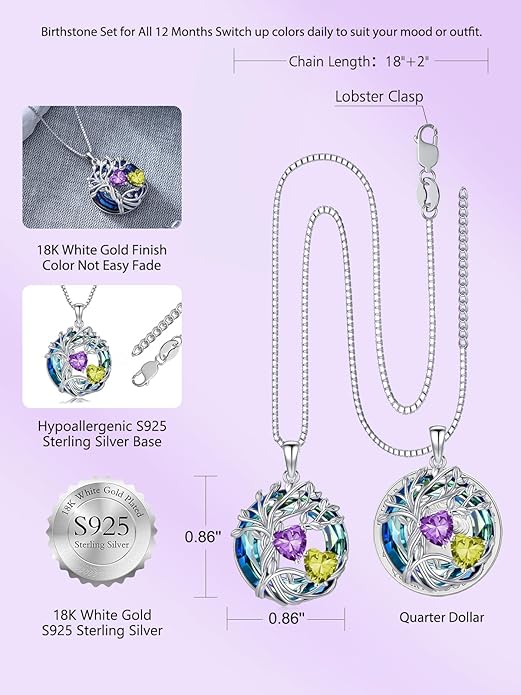 TOUPOP s925 Sterling Silver Family Celtic Tree of Life Pendant Necklaces with 2 Heart Birthstone with Blue Austrian Crystal Jewelry Birthday Valentines Day Gifts for Her, Anniversary Christmas Gifts for Wife Girlfriend Mom (18K Real White Gold Filled)