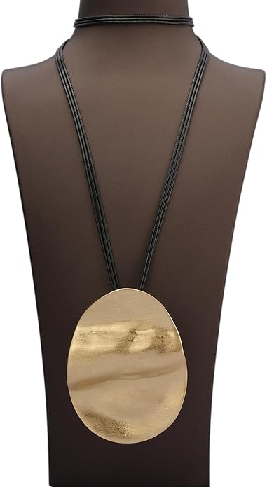 GelConnie Leather Necklace for Women Large Pendant Long Brown Necklace Circle Leather Choker Vintage Sweater Necklace Gold Chunky Boho Necklaces for Women