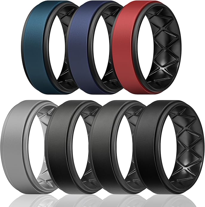 Egnaro Silicone Rings for Men 1/4/5/6/7 Multipack of Breathable Mens Silicone Rubber Wedding Rings Bands - Step Edge